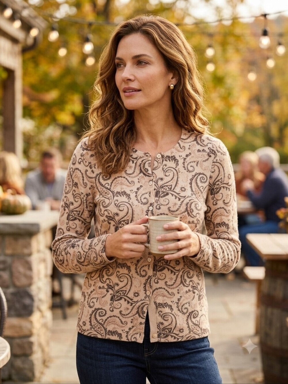 Charter Club Women's Quiet Luxury Cashmere Beige Paisley Cardigan Size Medium